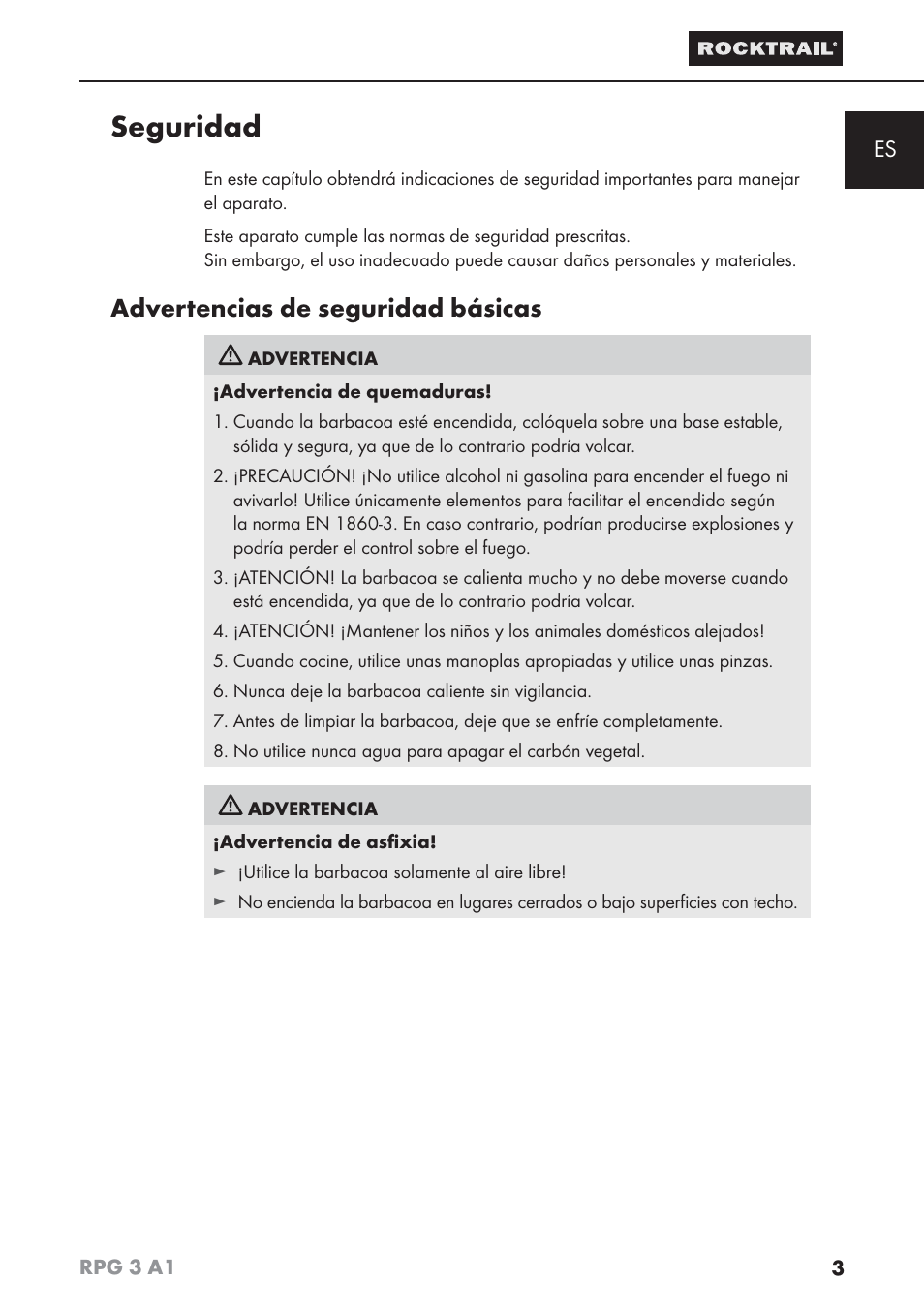 Seguridad, Advertencias de seguridad básicas | Rocktrail RPG 3 A1 User Manual | Page 5 / 42