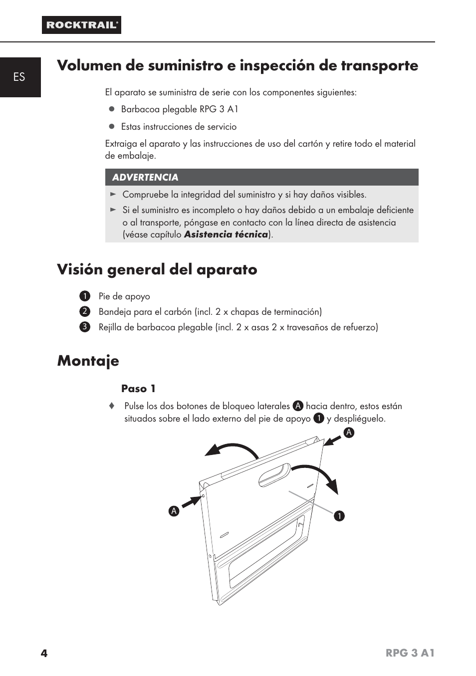 Volumen de suministro e inspección de transporte, Visión general del aparato, Montaje | Rocktrail RPG 3 A1 User Manual | Page 6 / 42