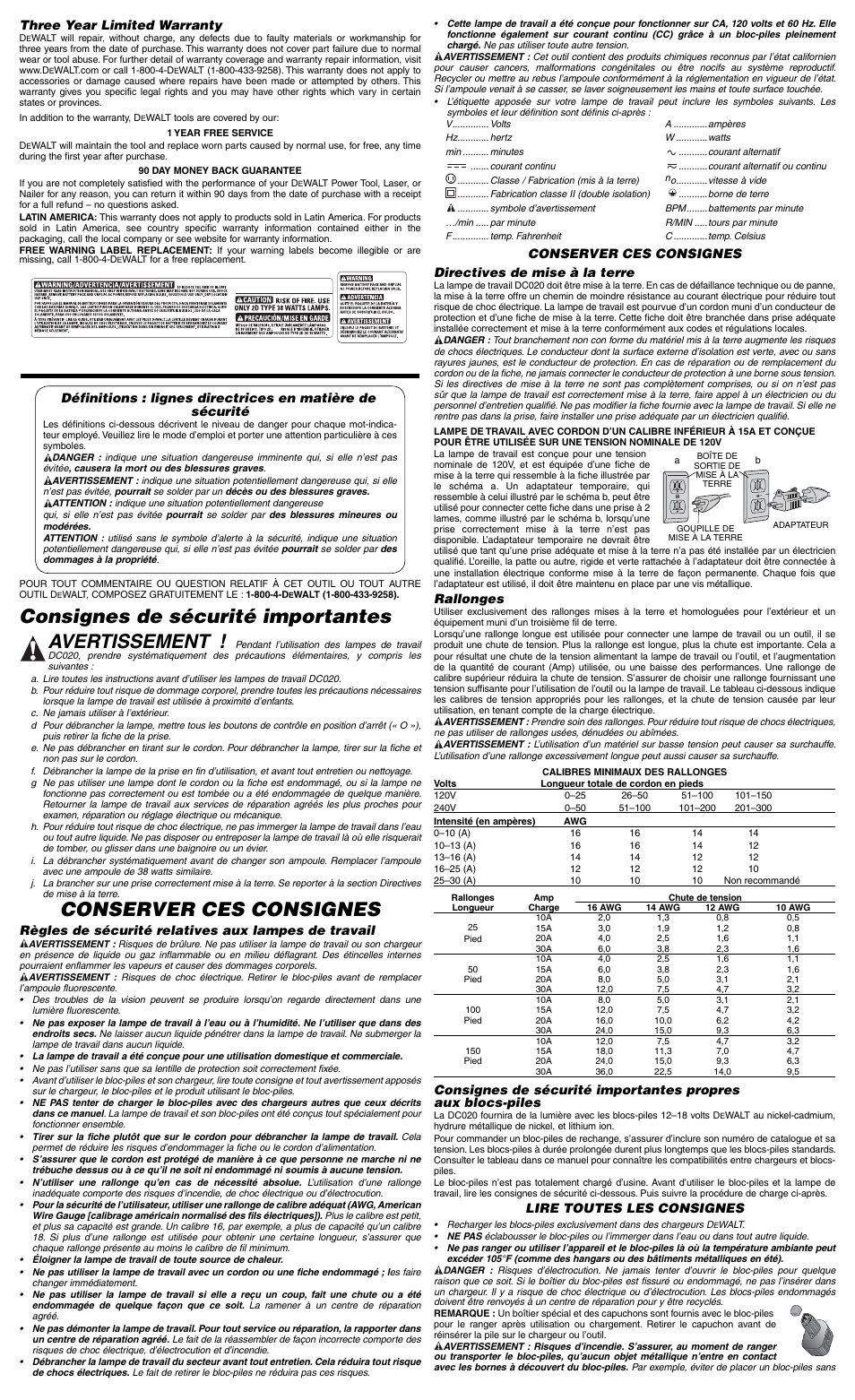 Consignes de sécurité importantes avertissement, Conserver ces consignes, Règles de sécurité relatives aux lampes de travail | Rallonges, Lire toutes les consignes, Three year limited warranty | DeWalt DC020 User Manual | Page 3 / 6