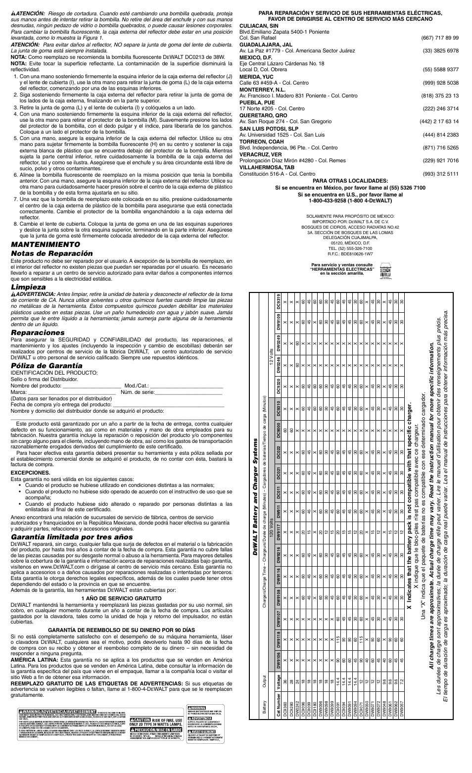 Mantenimiento notas de reparación, Limpieza, Reparaciones | Póliza de garantía, Garantía limitada por tres años | DeWalt DC020 User Manual | Page 6 / 6