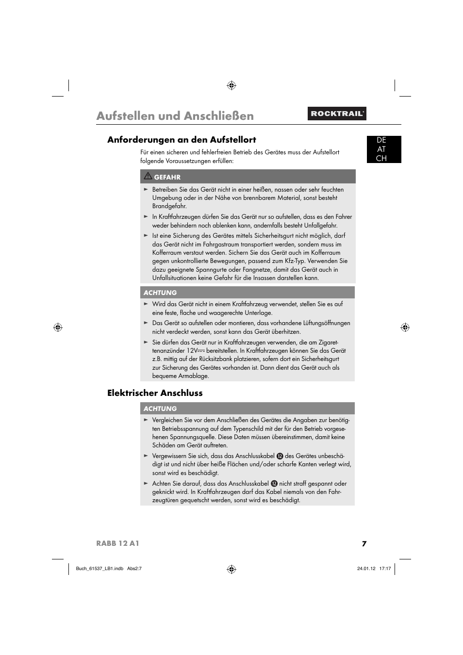 Aufstellen und anschließen, Anforderungen an den aufstellort, Elektrischer anschluss | De at ch | Rocktrail Car Cool Box RABB 12 A1 User Manual | Page 10 / 74