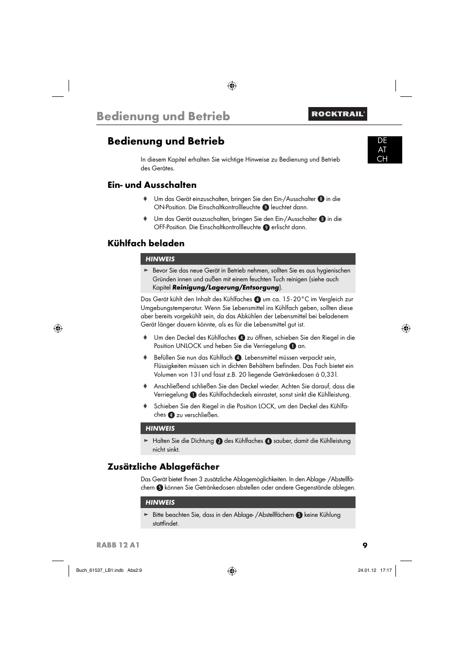 Bedienung und betrieb, Ein- und ausschalten, Kühlfach beladen | Zusätzliche ablagefächer, De at ch | Rocktrail Car Cool Box RABB 12 A1 User Manual | Page 12 / 74