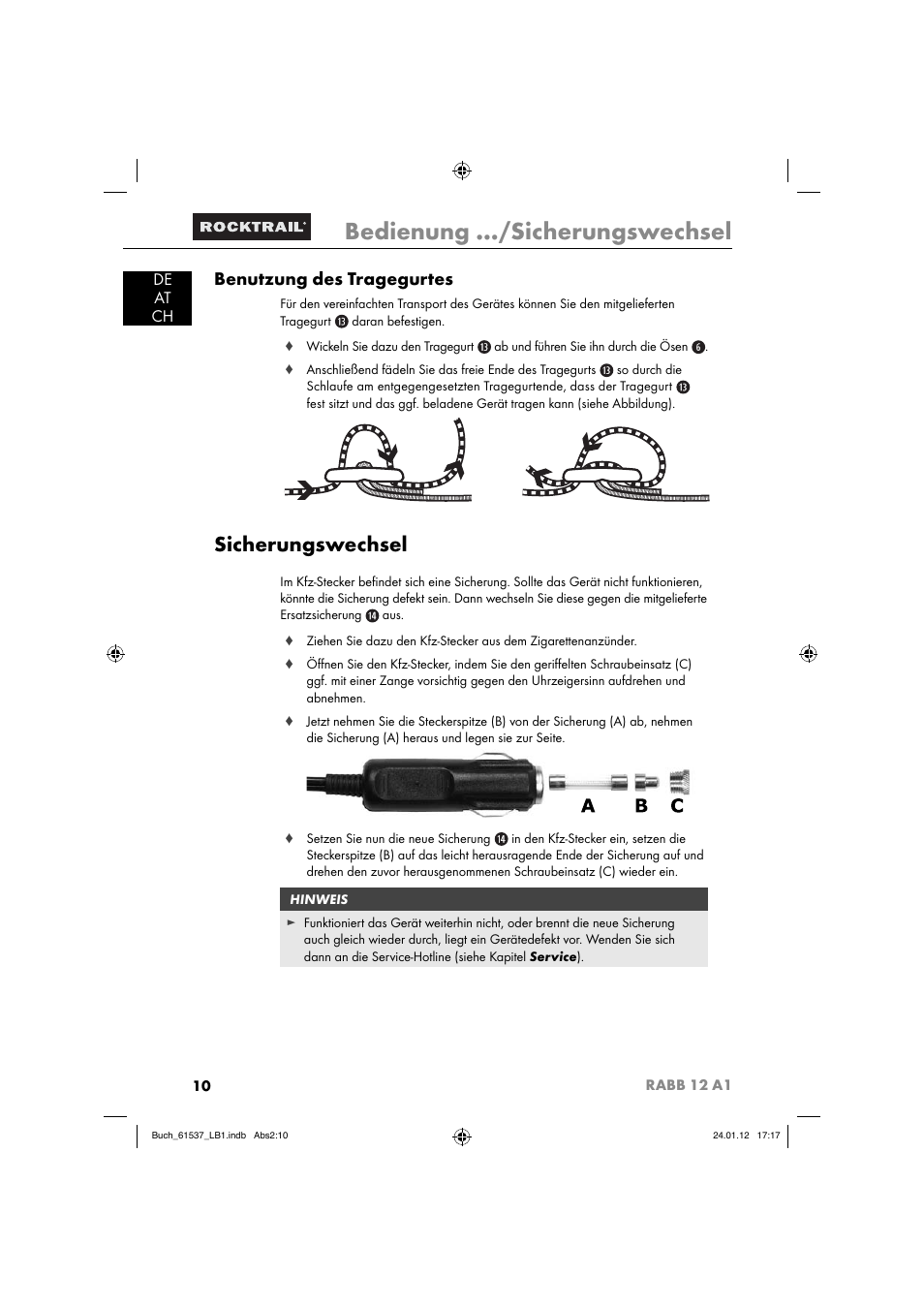 Bedienung …/sicherungswechsel, Sicherungswechsel, Benutzung des tragegurtes | De at ch | Rocktrail Car Cool Box RABB 12 A1 User Manual | Page 13 / 74