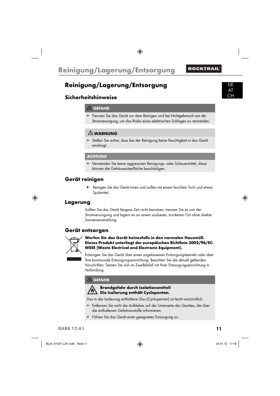 Reinigung/lagerung/entsorgung, Sicherheitshinweise, Gerät reinigen | Lagerung, Gerät entsorgen, De at ch | Rocktrail Car Cool Box RABB 12 A1 User Manual | Page 14 / 74