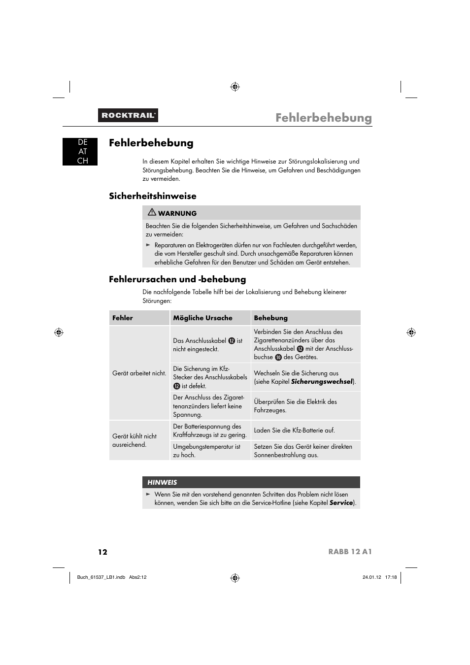 Fehlerbehebung, Sicherheitshinweise, Fehlerursachen und -behebung | De at ch | Rocktrail Car Cool Box RABB 12 A1 User Manual | Page 15 / 74
