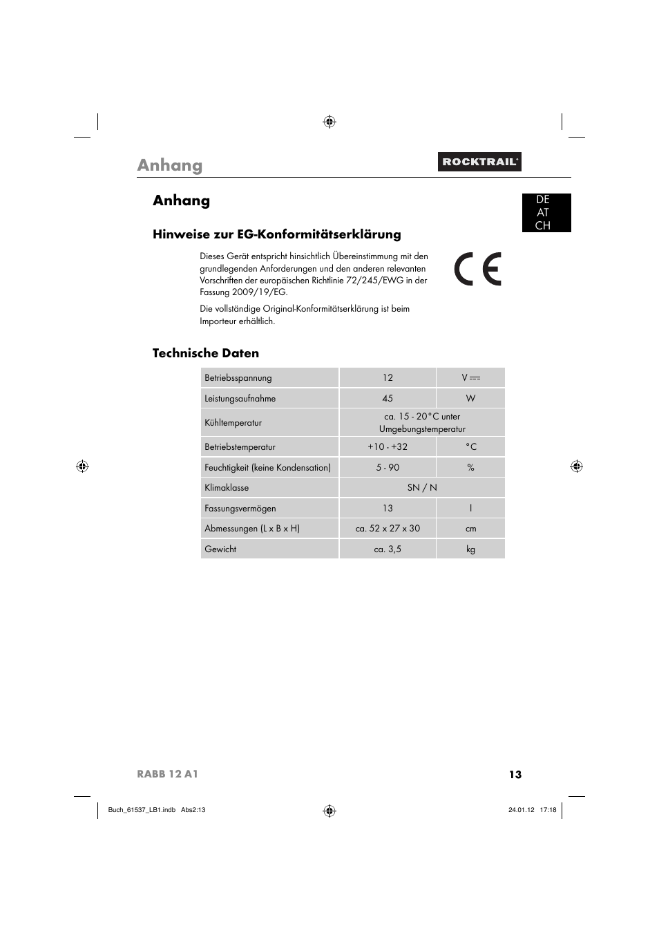 Anhang, Hinweise zur eg-konformitätserklärung, Technische daten | De at ch | Rocktrail Car Cool Box RABB 12 A1 User Manual | Page 16 / 74