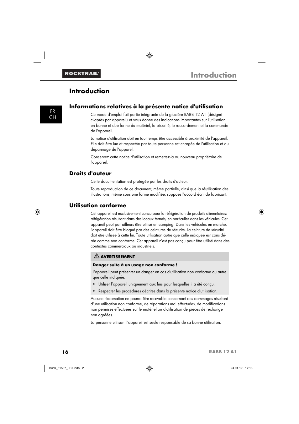 Introduction, Droits d'auteur, Utilisation conforme | Fr ch | Rocktrail Car Cool Box RABB 12 A1 User Manual | Page 19 / 74