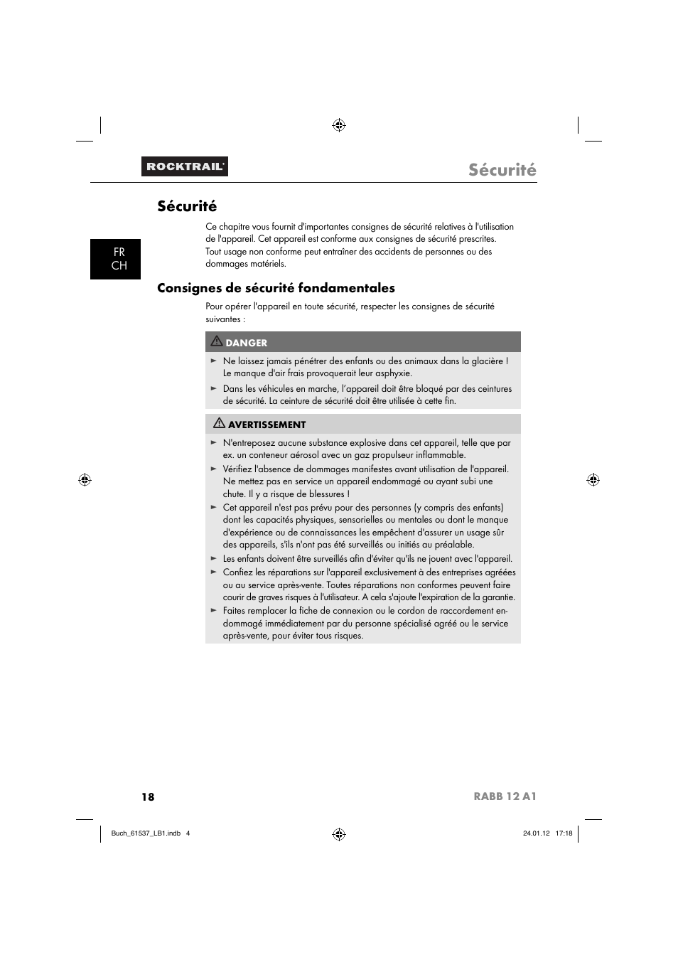 Sécurité, Consignes de sécurité fondamentales, Fr ch | Rocktrail Car Cool Box RABB 12 A1 User Manual | Page 21 / 74
