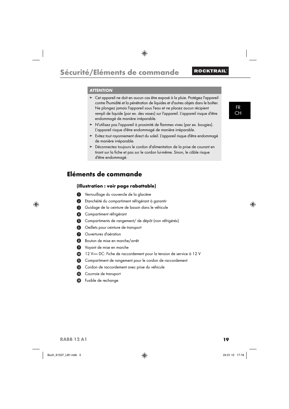 Sécurité/eléments de commande, Eléments de commande, Fr ch | Rocktrail Car Cool Box RABB 12 A1 User Manual | Page 22 / 74