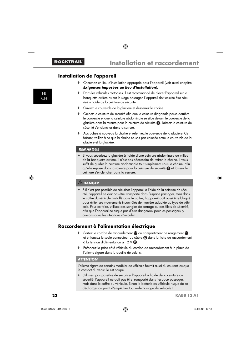 Installation et raccordement, Installation de l'appareil, Raccordement à l'alimentation électrique | Fr ch | Rocktrail Car Cool Box RABB 12 A1 User Manual | Page 25 / 74
