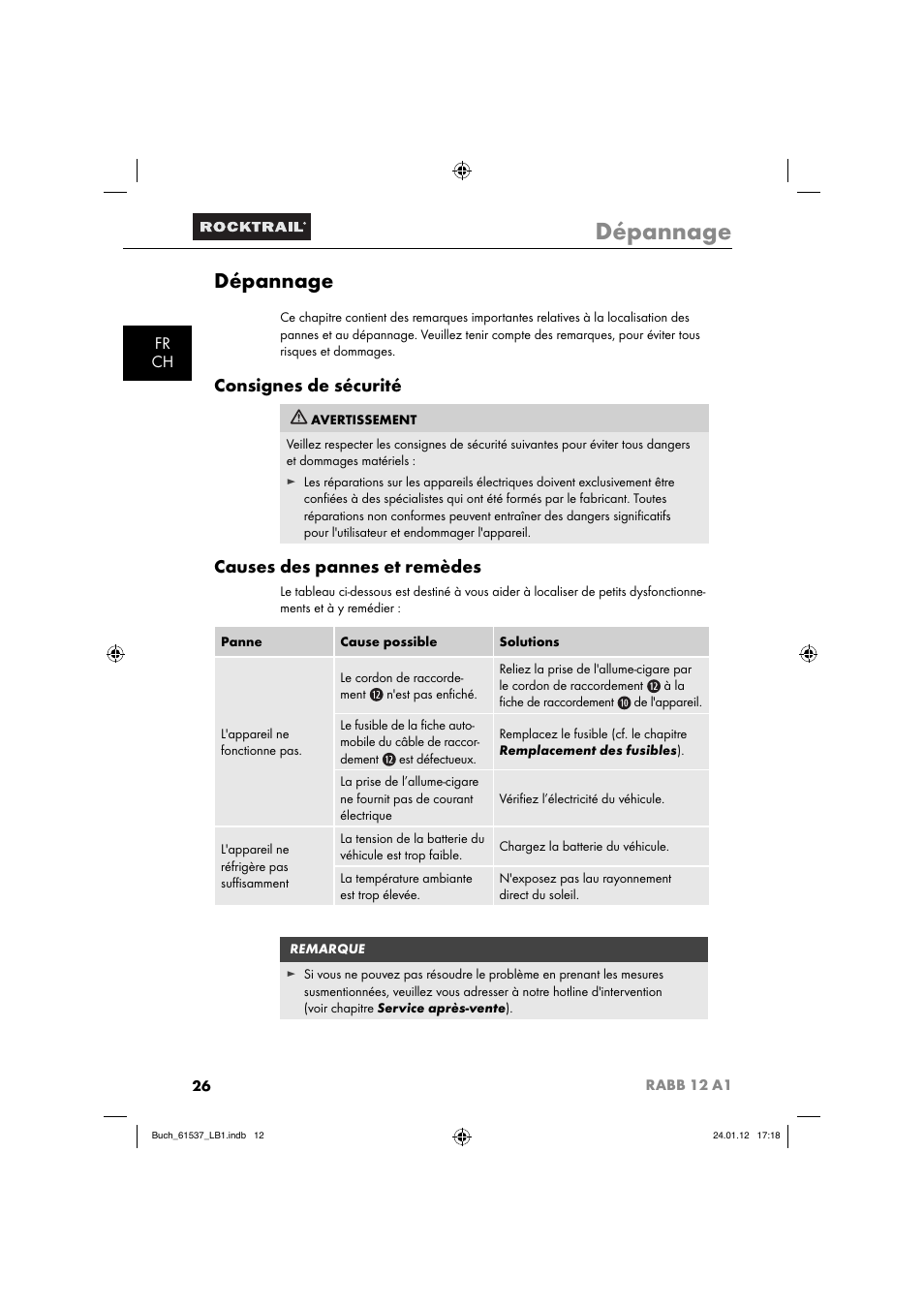 Dépannage, Consignes de sécurité, Causes des pannes et remèdes | Fr ch | Rocktrail Car Cool Box RABB 12 A1 User Manual | Page 29 / 74