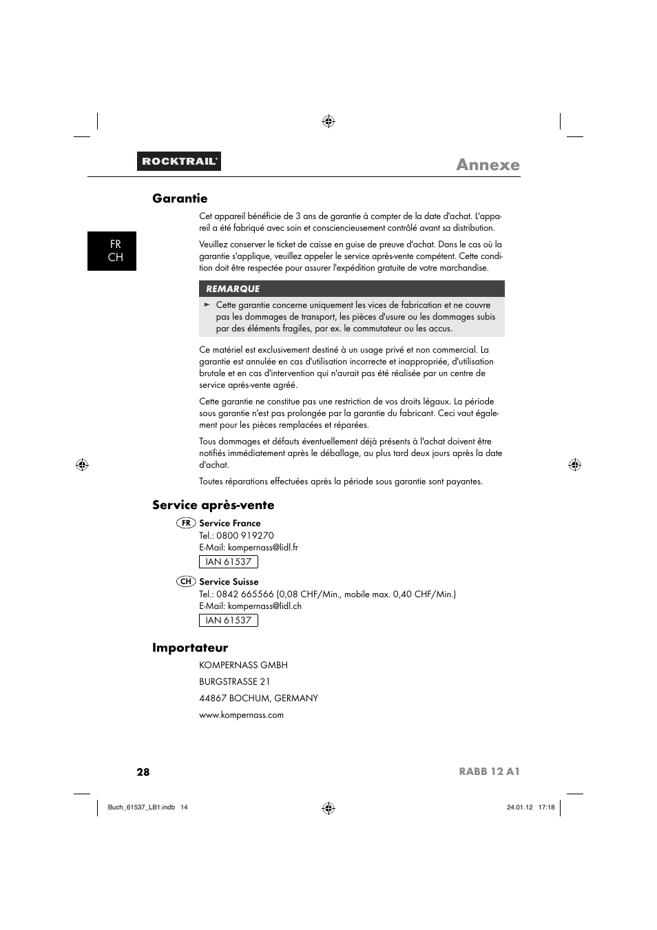 Annexe, Garantie, Service après-vente | Importateur, Fr ch | Rocktrail Car Cool Box RABB 12 A1 User Manual | Page 31 / 74