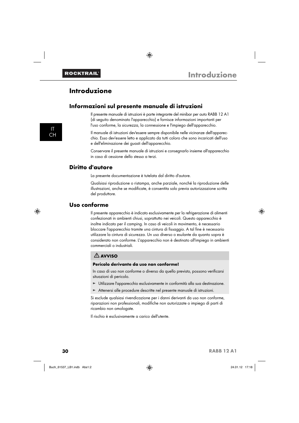 Introduzione, Informazioni sul presente manuale di istruzioni, Diritto d'autore | Uso conforme, It ch | Rocktrail Car Cool Box RABB 12 A1 User Manual | Page 33 / 74