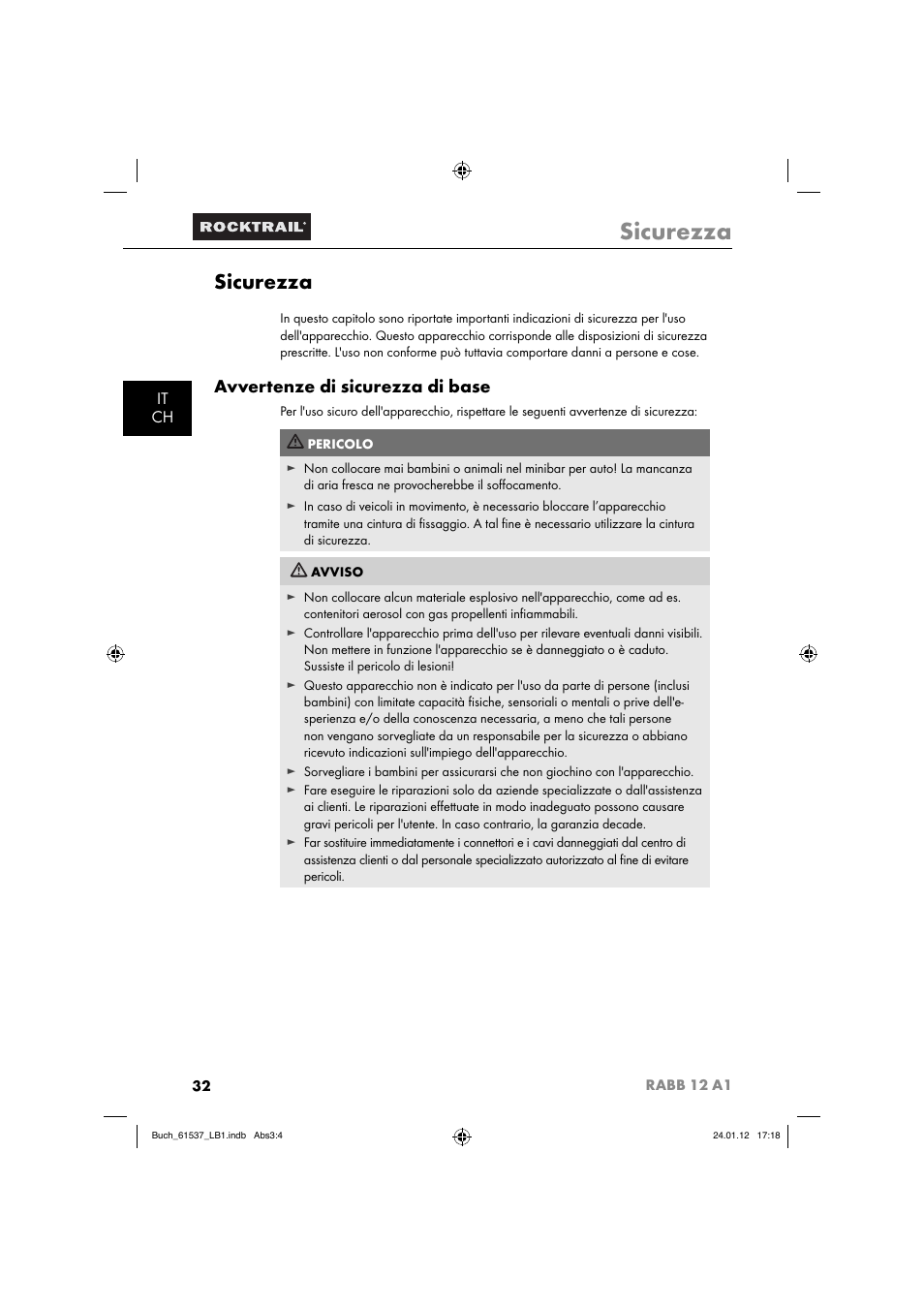 Sicurezza, Avvertenze di sicurezza di base, It ch | Rocktrail Car Cool Box RABB 12 A1 User Manual | Page 35 / 74