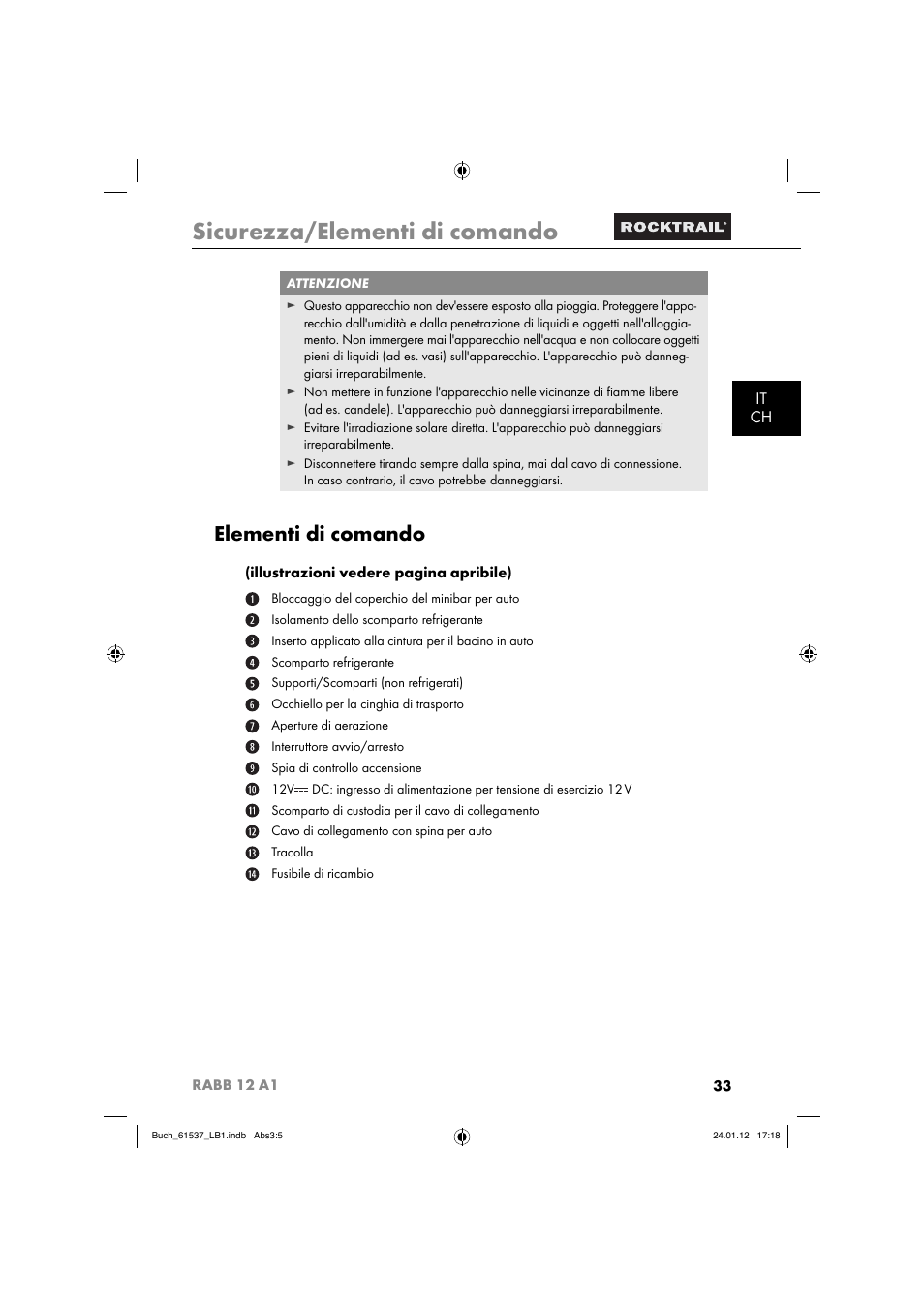 Sicurezza/elementi di comando, Elementi di comando, It ch | Rocktrail Car Cool Box RABB 12 A1 User Manual | Page 36 / 74
