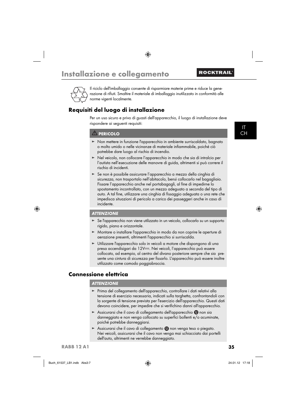Installazione e collegamento, Requisiti del luogo di installazione, Connessione elettrica | It ch | Rocktrail Car Cool Box RABB 12 A1 User Manual | Page 38 / 74
