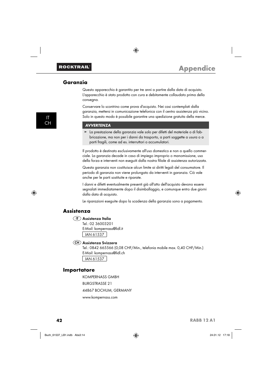 Appendice, Garanzia, Assistenza | Importatore, It ch | Rocktrail Car Cool Box RABB 12 A1 User Manual | Page 45 / 74