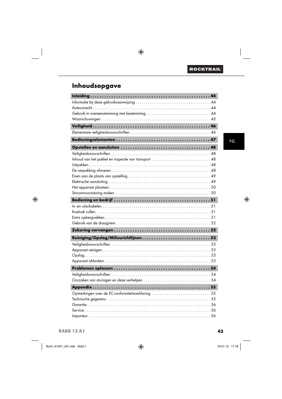 Inhoudsopgave | Rocktrail Car Cool Box RABB 12 A1 User Manual | Page 46 / 74