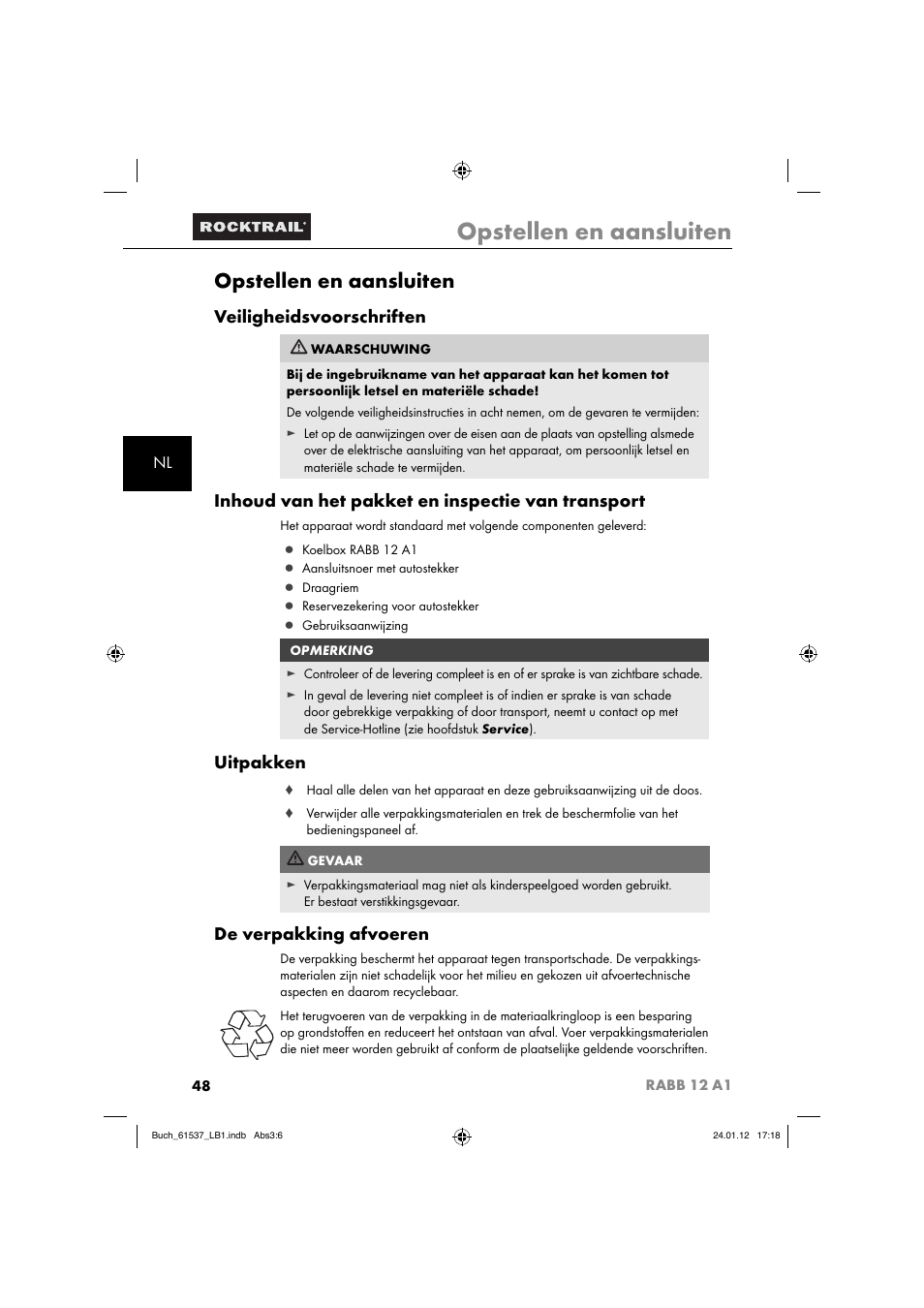 Opstellen en aansluiten, Veiligheidsvoorschriften, Inhoud van het pakket en inspectie van transport | Uitpakken, De verpakking afvoeren | Rocktrail Car Cool Box RABB 12 A1 User Manual | Page 51 / 74