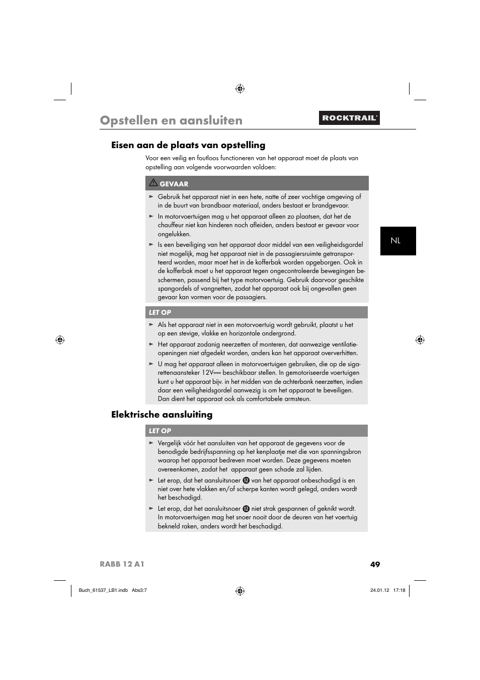 Opstellen en aansluiten, Eisen aan de plaats van opstelling, Elektrische aansluiting | Rocktrail Car Cool Box RABB 12 A1 User Manual | Page 52 / 74