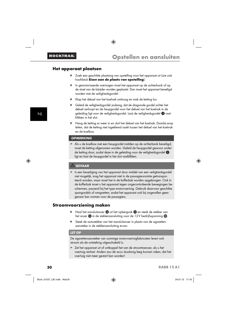 Opstellen en aansluiten, Het apparaat plaatsen, Stroomvoorziening maken | Rocktrail Car Cool Box RABB 12 A1 User Manual | Page 53 / 74