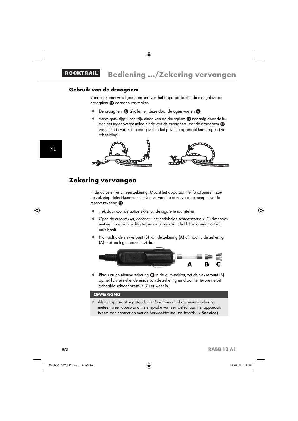 Bediening …/zekering vervangen, Zekering vervangen, Nl gebruik van de draagriem | Rocktrail Car Cool Box RABB 12 A1 User Manual | Page 55 / 74