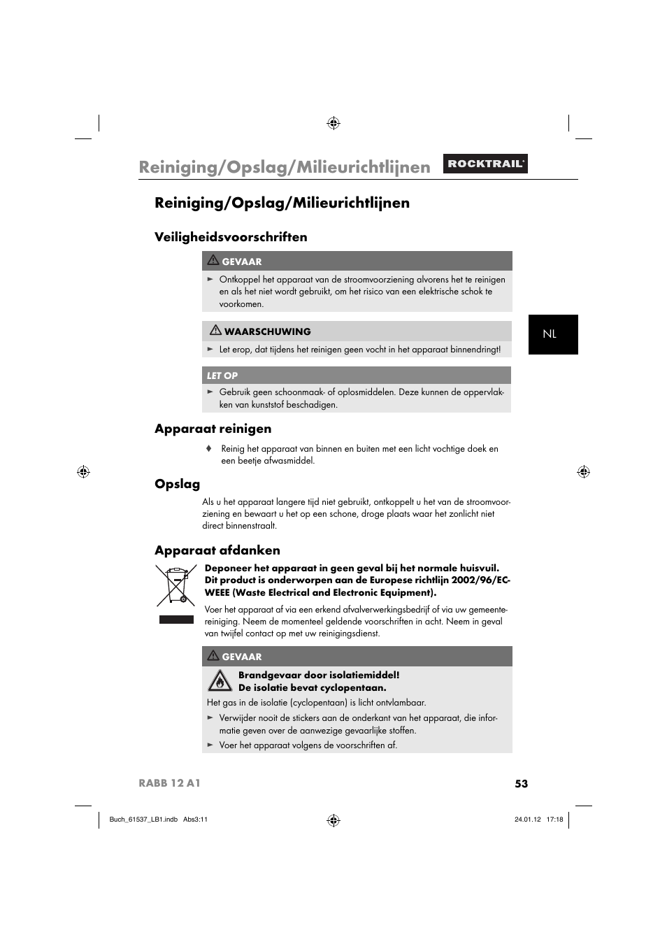 Reiniging/opslag/milieurichtlijnen, Veiligheidsvoorschriften, Apparaat reinigen | Opslag, Apparaat afdanken | Rocktrail Car Cool Box RABB 12 A1 User Manual | Page 56 / 74
