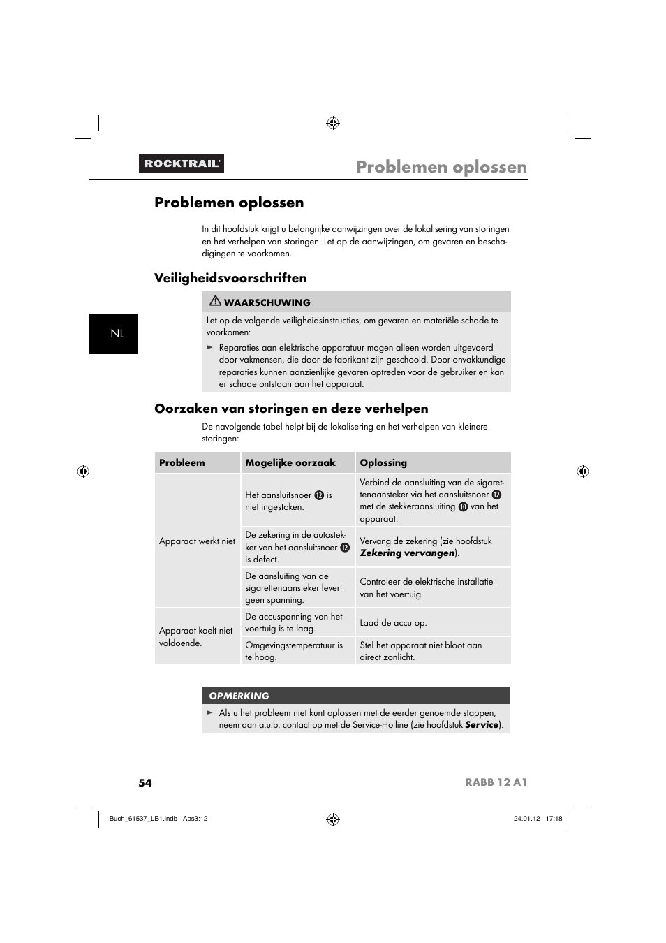 Problemen oplossen, Veiligheidsvoorschriften, Oorzaken van storingen en deze verhelpen | Rocktrail Car Cool Box RABB 12 A1 User Manual | Page 57 / 74