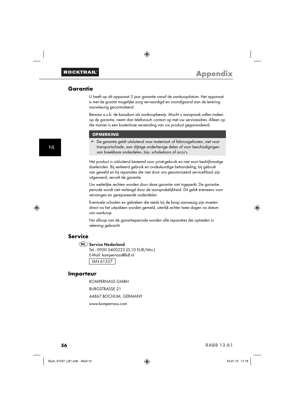 Appendix, Garantie, Service | Importeur | Rocktrail Car Cool Box RABB 12 A1 User Manual | Page 59 / 74