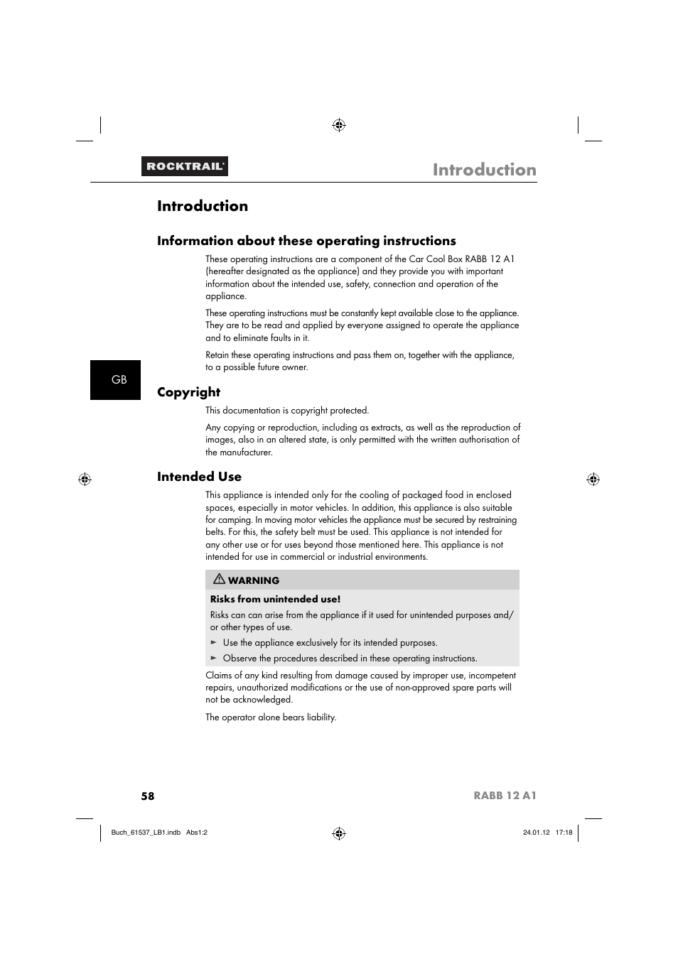 Introduction, Information about these operating instructions, Copyright | Intended use | Rocktrail Car Cool Box RABB 12 A1 User Manual | Page 61 / 74