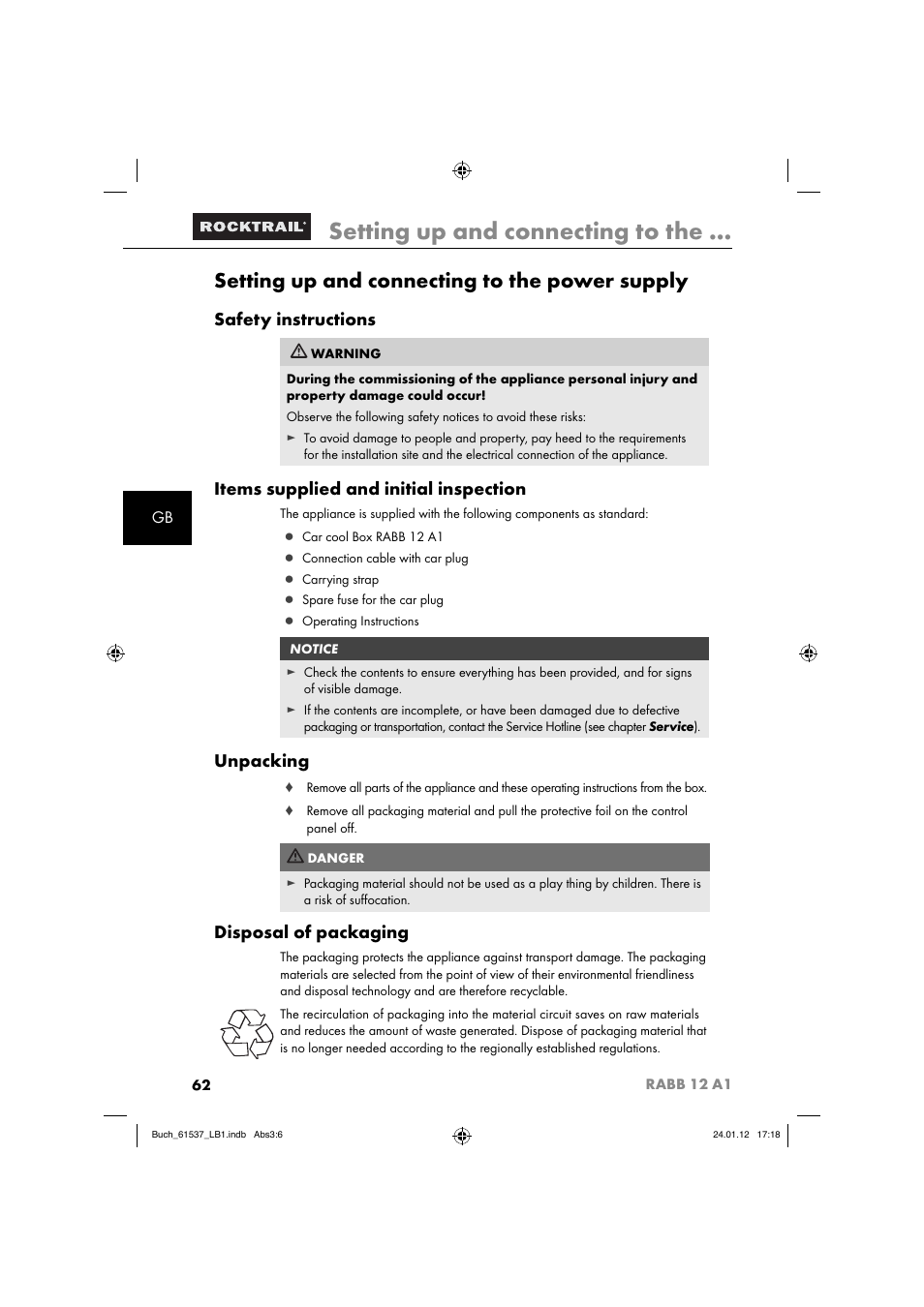 Setting up and connecting to the, Setting up and connecting to the power supply, Safety instructions | Items supplied and initial inspection, Unpacking, Disposal of packaging | Rocktrail Car Cool Box RABB 12 A1 User Manual | Page 65 / 74