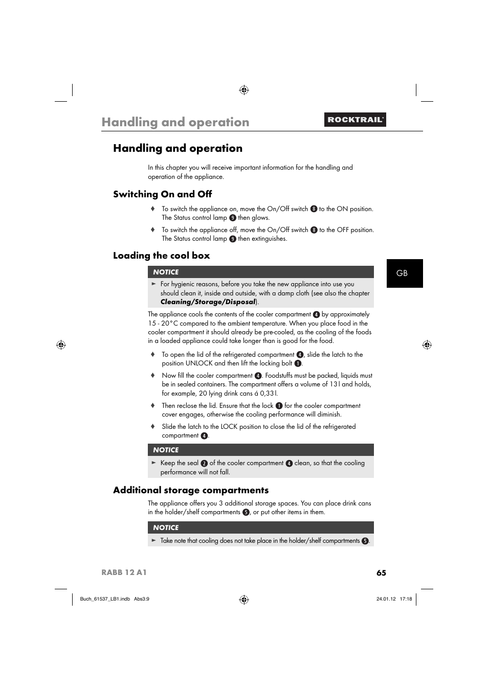 Handling and operation, Switching on and oﬀ, Loading the cool box | Additional storage compartments | Rocktrail Car Cool Box RABB 12 A1 User Manual | Page 68 / 74