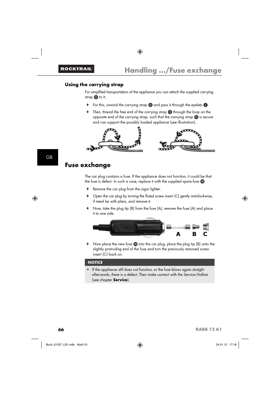 Handling .../fuse exchange, Fuse exchange, Gb using the carrying strap | Rocktrail Car Cool Box RABB 12 A1 User Manual | Page 69 / 74
