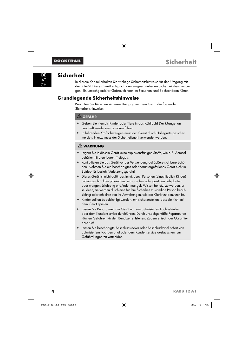 Sicherheit, Grundlegende sicherheitshinweise, De at ch | Rocktrail Car Cool Box RABB 12 A1 User Manual | Page 7 / 74