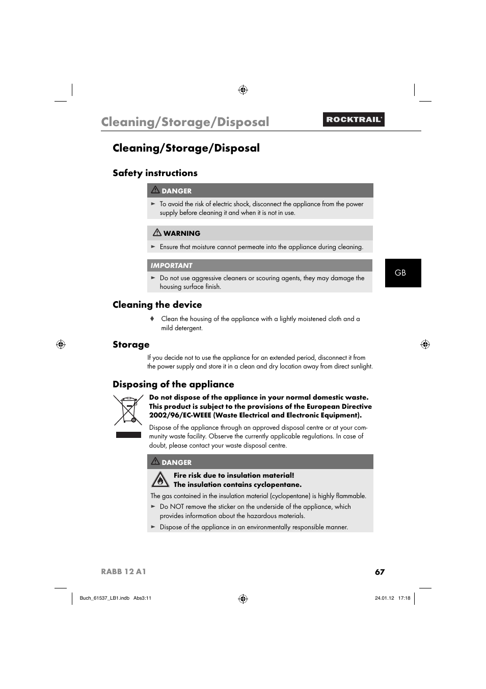 Cleaning/storage/disposal, Safety instructions, Cleaning the device | Storage, Disposing of the appliance | Rocktrail Car Cool Box RABB 12 A1 User Manual | Page 70 / 74