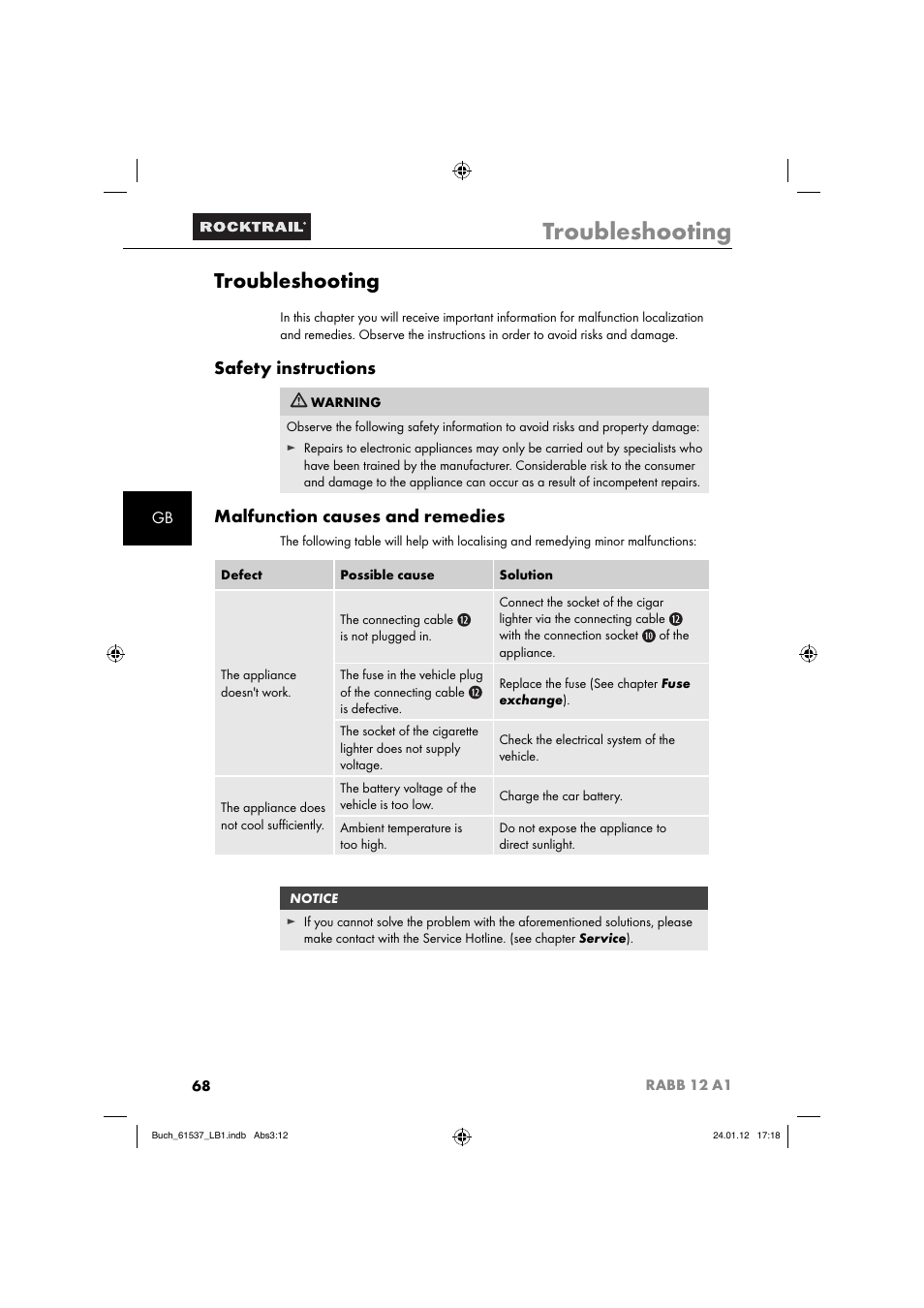 Troubleshooting, Safety instructions, Malfunction causes and remedies | Rocktrail Car Cool Box RABB 12 A1 User Manual | Page 71 / 74