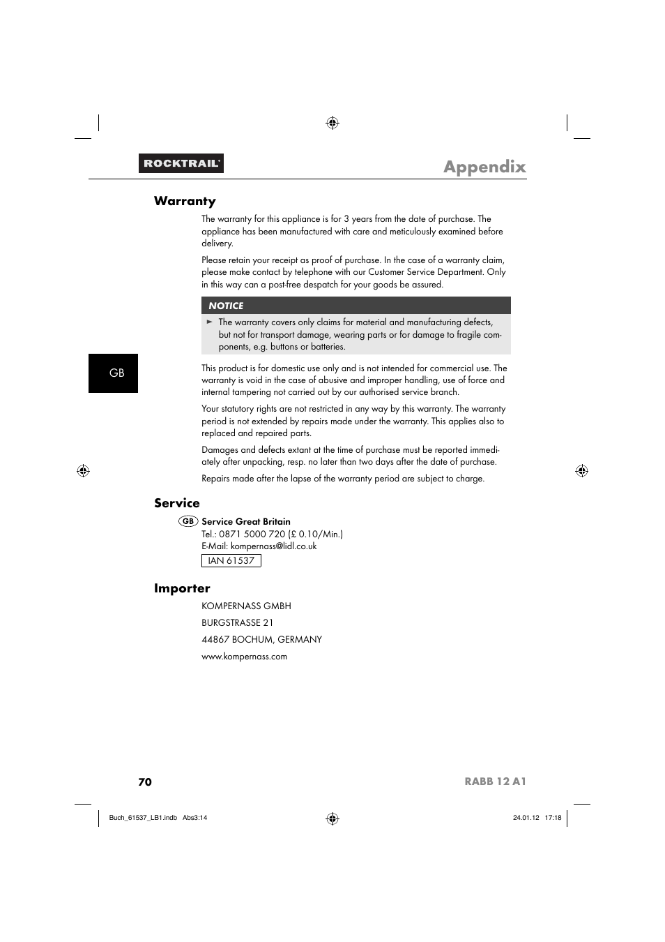 Appendix, Warranty, Service | Importer | Rocktrail Car Cool Box RABB 12 A1 User Manual | Page 73 / 74