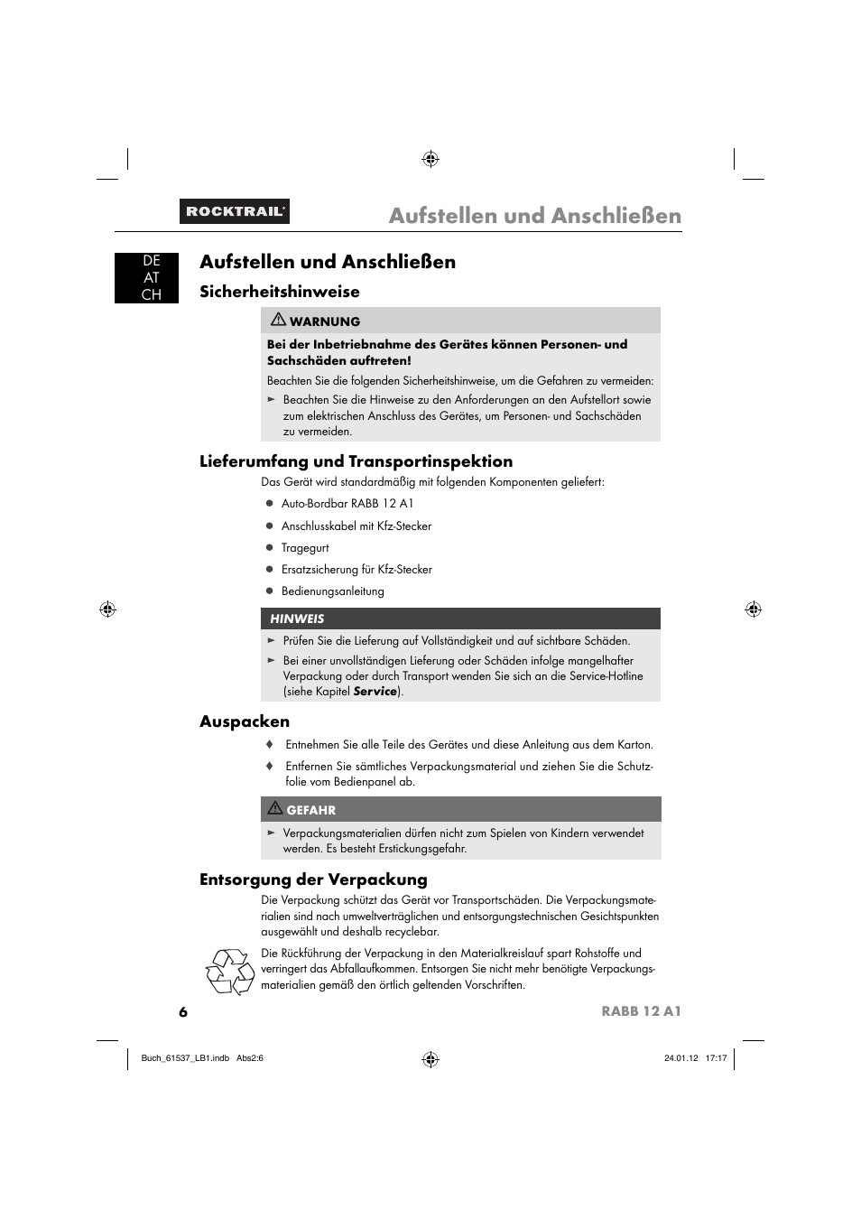 Aufstellen und anschließen, Sicherheitshinweise, Lieferumfang und transportinspektion | Auspacken, Entsorgung der verpackung, De at ch | Rocktrail Car Cool Box RABB 12 A1 User Manual | Page 9 / 74