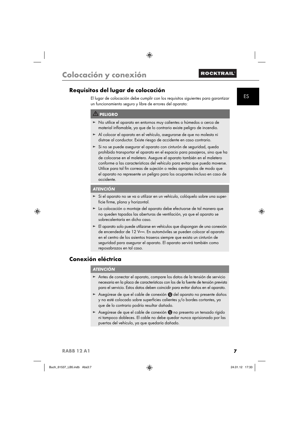 Colocación y conexión, Requisitos del lugar de colocación, Conexión eléctrica | Rocktrail Car Cool Box RABB 12 A1 User Manual | Page 10 / 74
