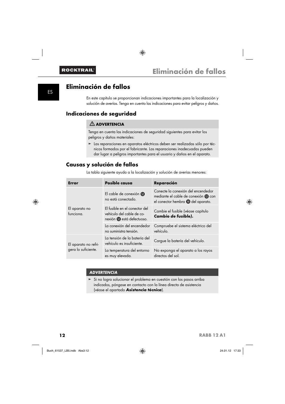 Eliminación de fallos, Indicaciones de seguridad, Causas y solución de fallos | Rocktrail Car Cool Box RABB 12 A1 User Manual | Page 15 / 74