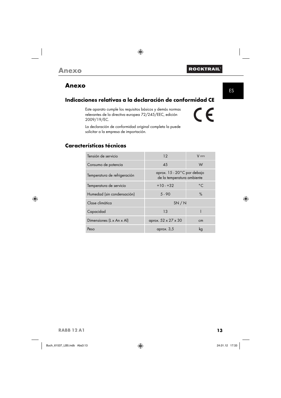 Anexo, Características técnicas | Rocktrail Car Cool Box RABB 12 A1 User Manual | Page 16 / 74