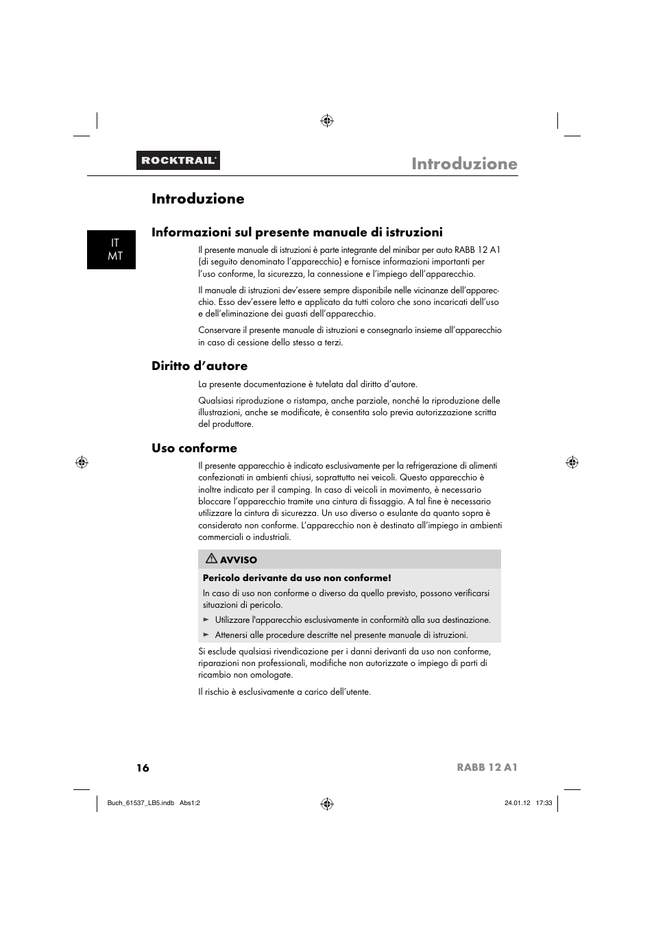 Introduzione, Informazioni sul presente manuale di istruzioni, Diritto d’autore | Uso conforme, It mt | Rocktrail Car Cool Box RABB 12 A1 User Manual | Page 19 / 74