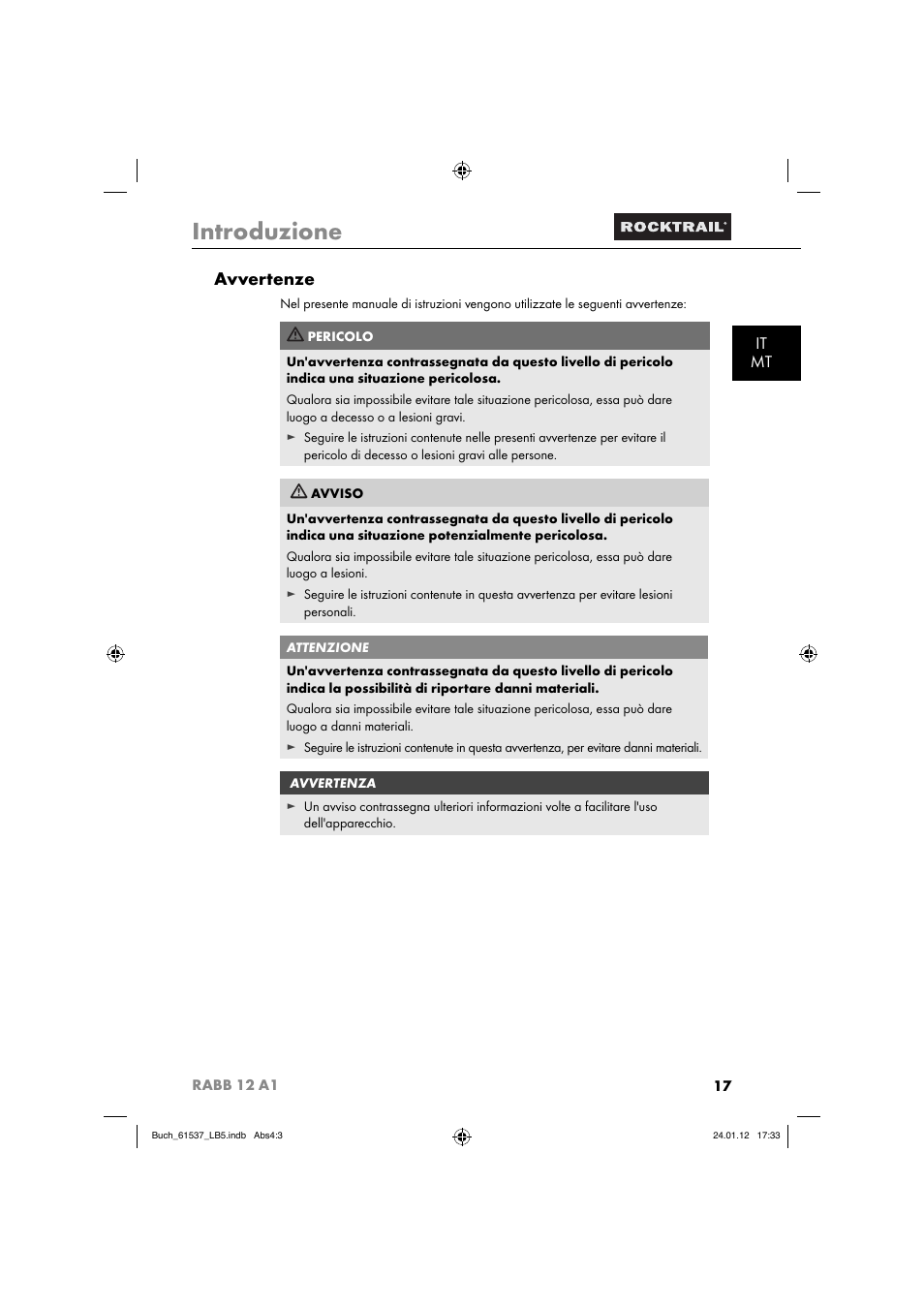 Introduzione, Avvertenze, It mt | Rocktrail Car Cool Box RABB 12 A1 User Manual | Page 20 / 74