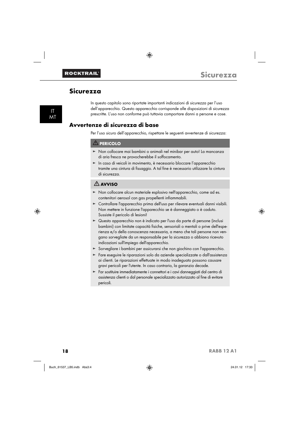 Sicurezza, Avvertenze di sicurezza di base, It mt | Rocktrail Car Cool Box RABB 12 A1 User Manual | Page 21 / 74