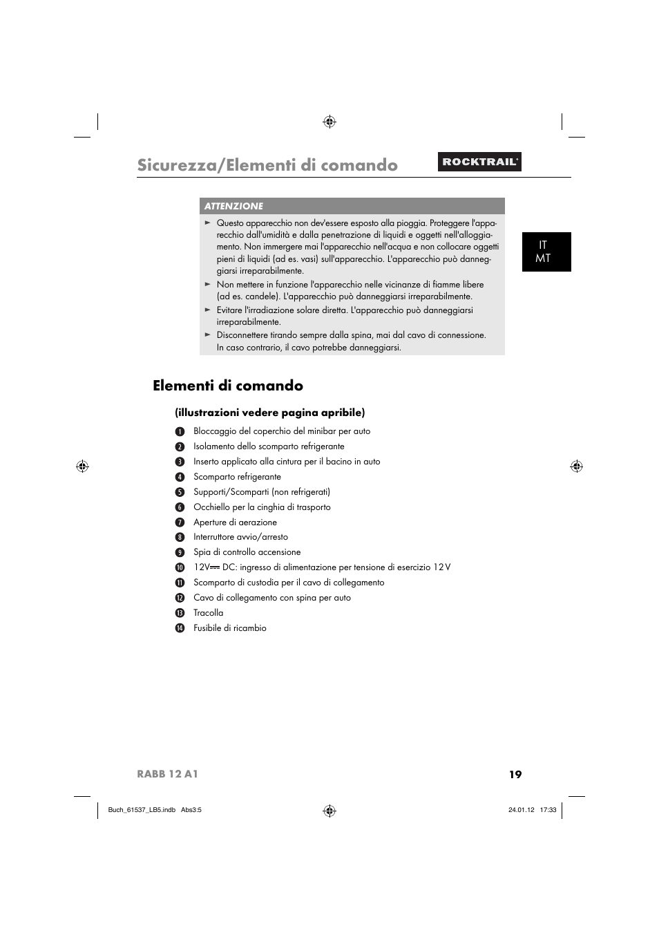 Sicurezza/elementi di comando, Elementi di comando, It mt | Rocktrail Car Cool Box RABB 12 A1 User Manual | Page 22 / 74
