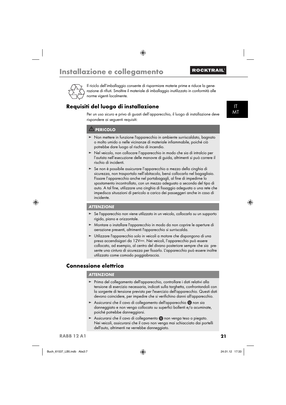 Installazione e collegamento, Requisiti del luogo di installazione, Connessione elettrica | It mt | Rocktrail Car Cool Box RABB 12 A1 User Manual | Page 24 / 74