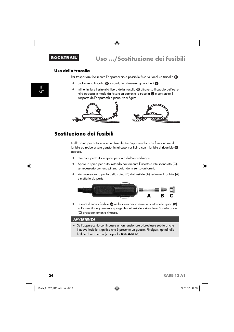 Uso …/sostituzione dei fusibili, Sostituzione dei fusibili, It mt uso della tracolla | Rocktrail Car Cool Box RABB 12 A1 User Manual | Page 27 / 74