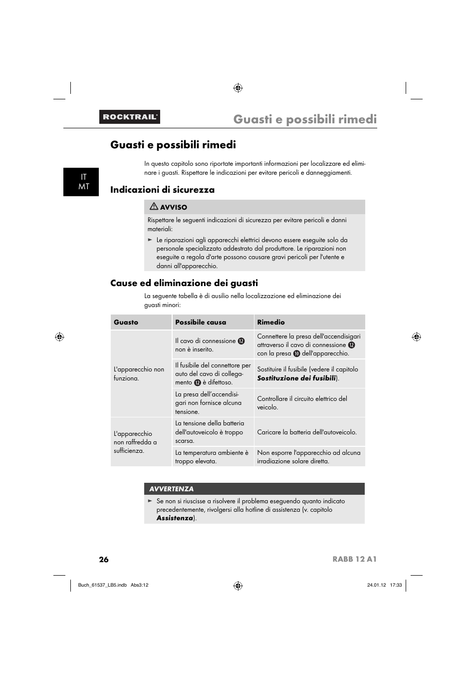Guasti e possibili rimedi, Indicazioni di sicurezza, Cause ed eliminazione dei guasti | It mt | Rocktrail Car Cool Box RABB 12 A1 User Manual | Page 29 / 74