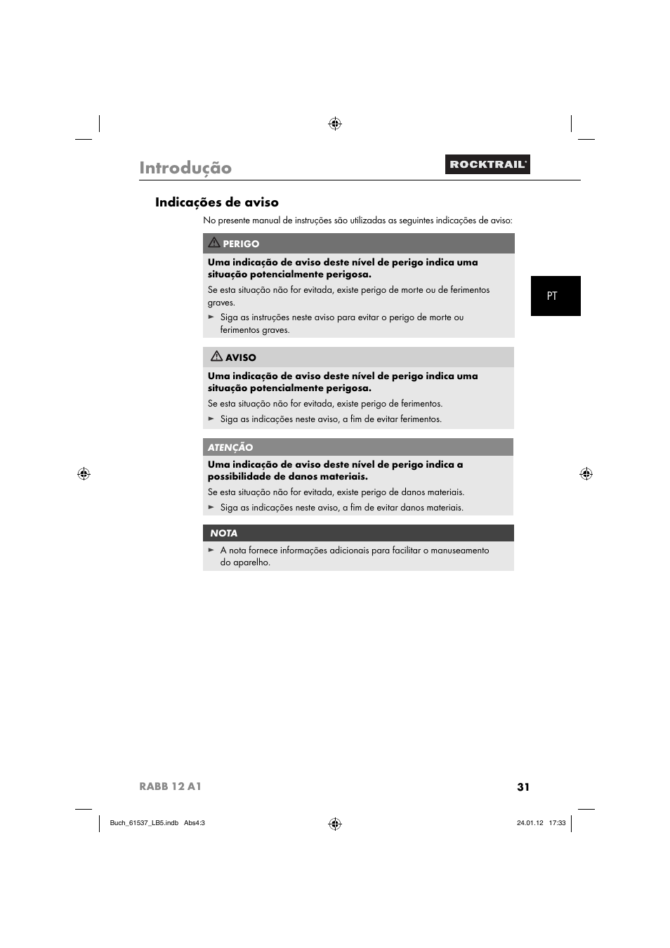 Introdução, Indicações de aviso | Rocktrail Car Cool Box RABB 12 A1 User Manual | Page 34 / 74