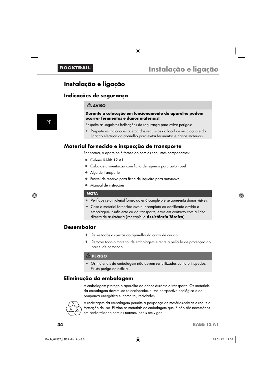 Instalação e ligação, Indicações de segurança, Material fornecido e inspecção de transporte | Desembalar, Eliminação da embalagem | Rocktrail Car Cool Box RABB 12 A1 User Manual | Page 37 / 74